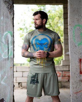 Комплект Sabotage з принтом Punisher Футболка + Шорти олива розмір S buy92749frs-S фото